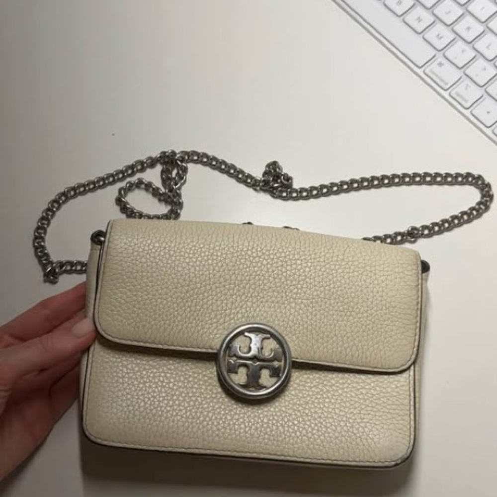 Tory Burch Ivory Crossbody Bag with Silver Accents